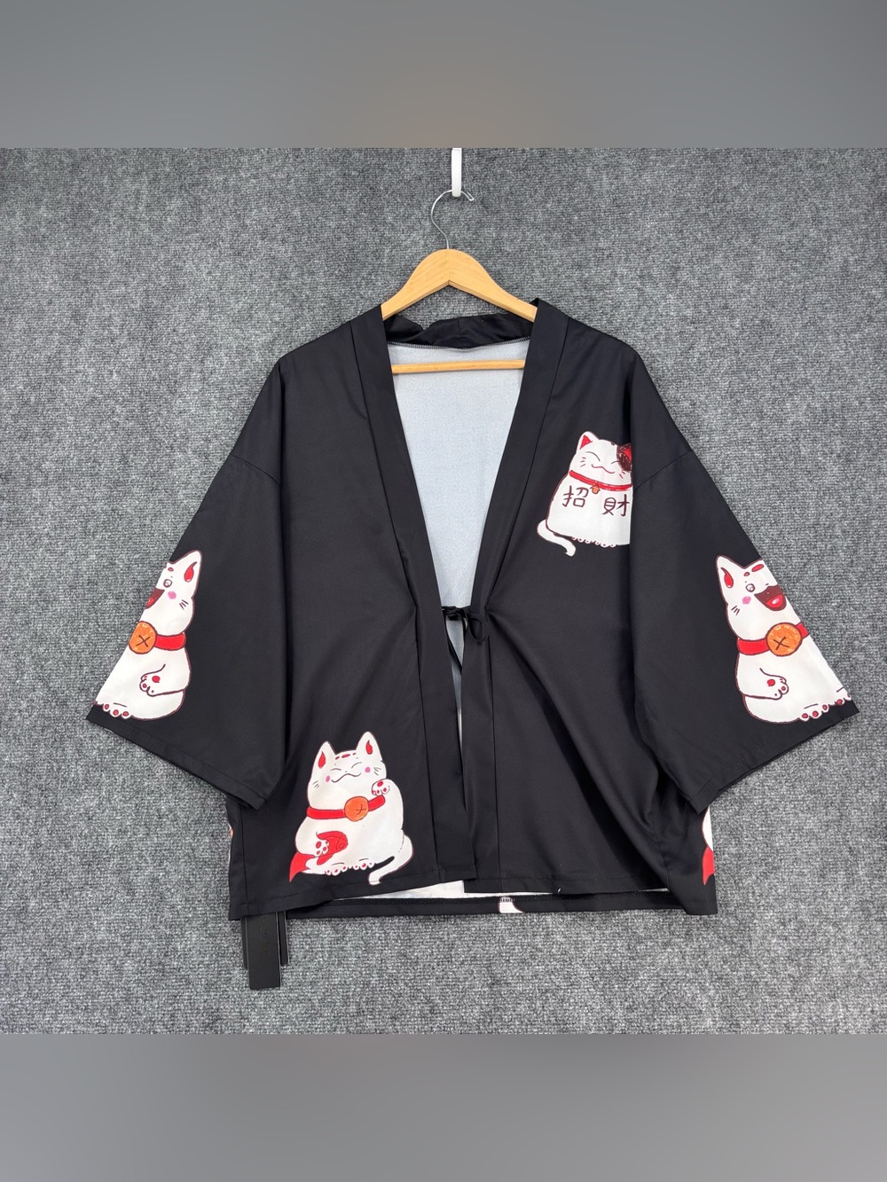 NWT Lai Meng Five Cats Black Japanese Cat Kimono Cardigan Women’s OS Tie Front